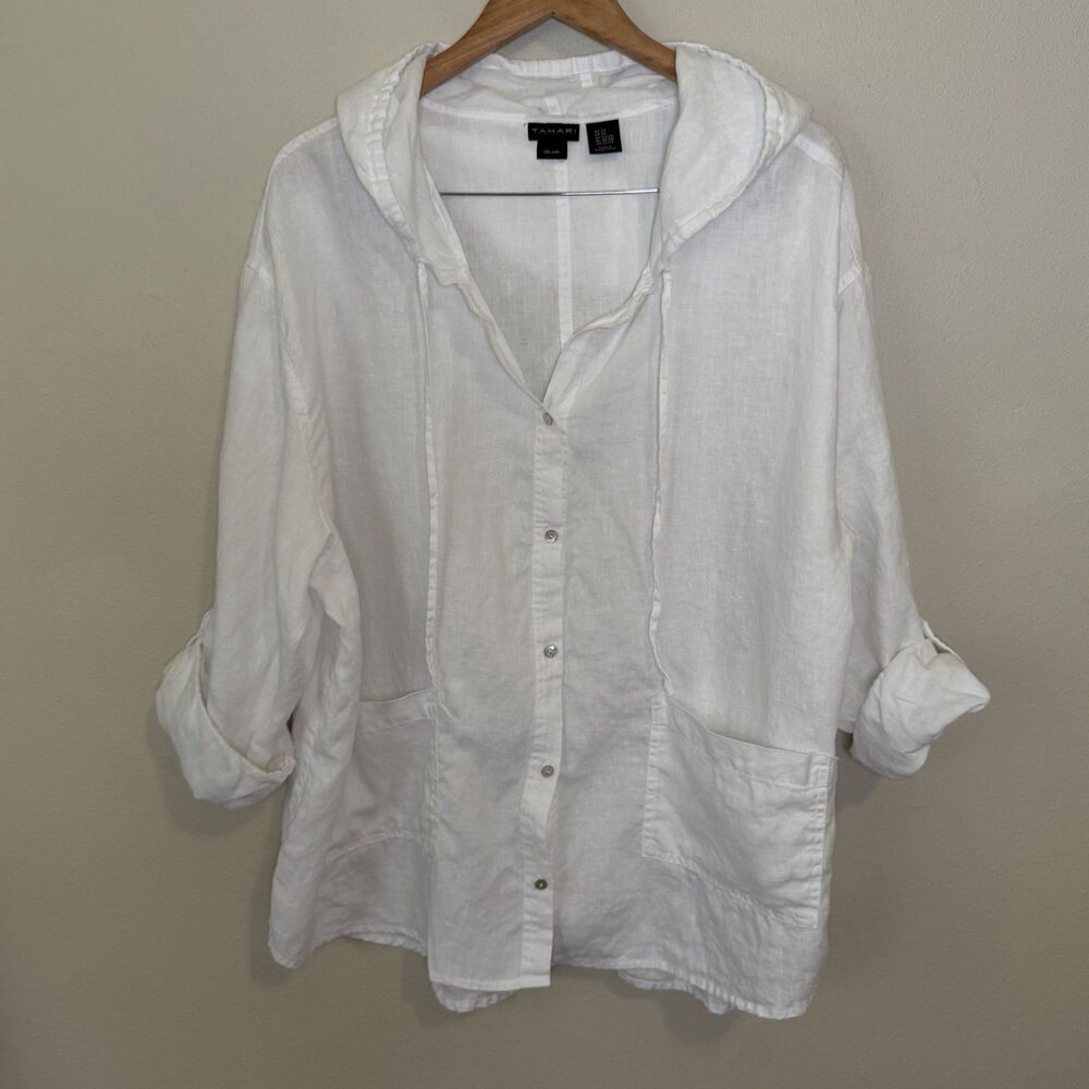 Tahari Linen Hooded Top Womens 2X White Button Front Roll Tab Sleeve Tunic